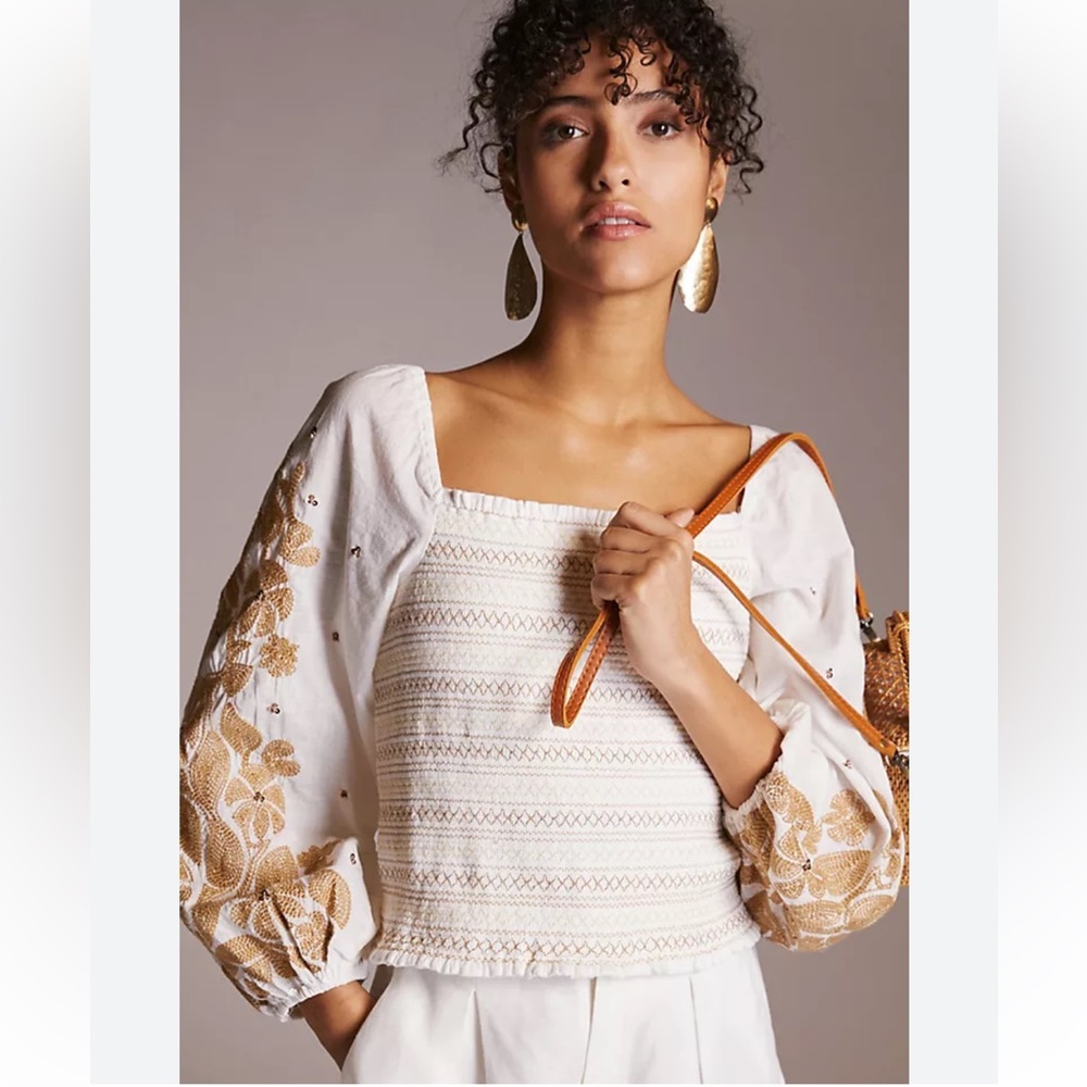 Anthropologie Smocked Embroidered Puff Sleeve Peasant Top